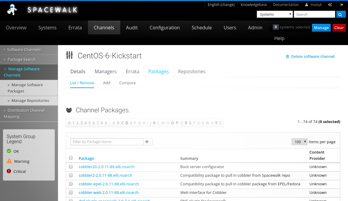 підканал centos-6-kickstart містить 74 пакунки для kickstart