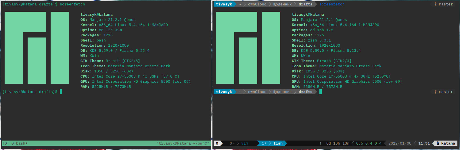 tmux: звичайно (ліворуч) і з powerline (праворуч)