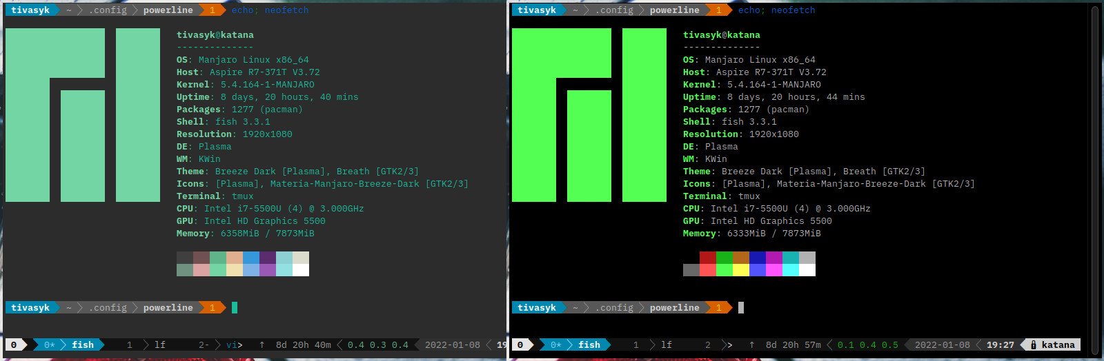 кольори konsole: maia (ліворуч) і linux colors (праворуч)